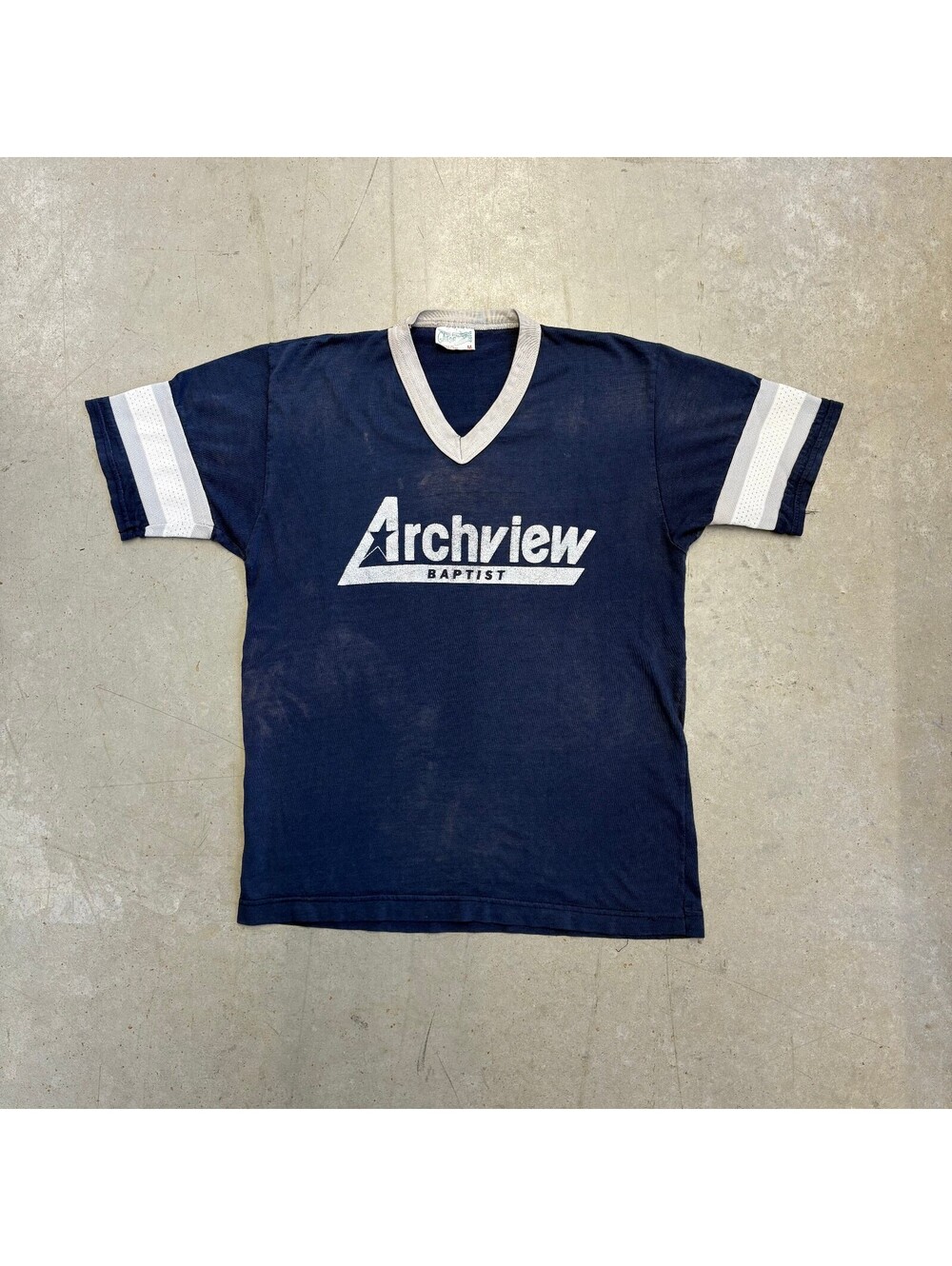 Vintage 80s Archview Baptist Faded & Flawed Jersey T-Shirt Medium Navy